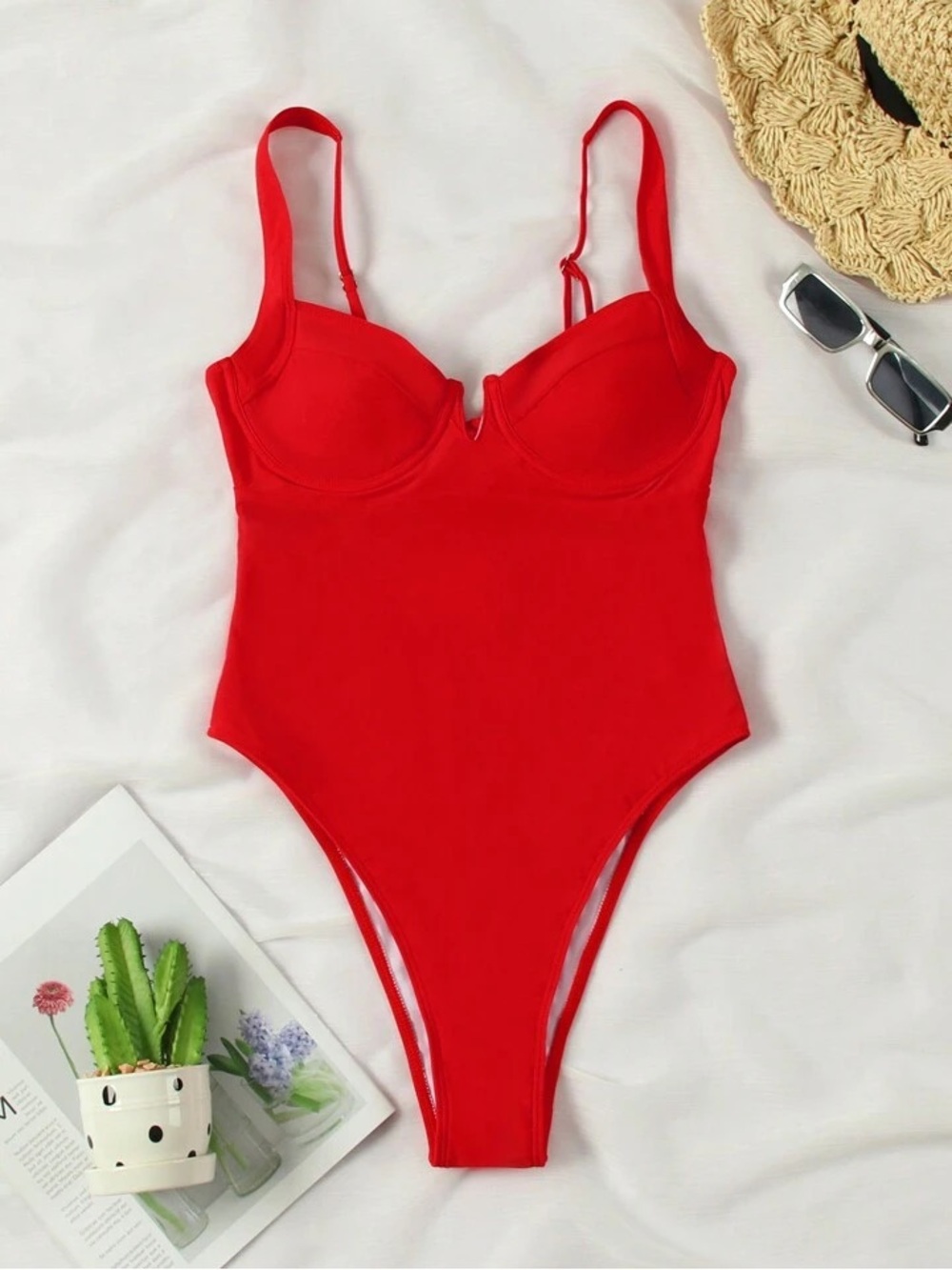 SHEIN Red Underwire One-Piece Swimsuit - Picture 2 of 6